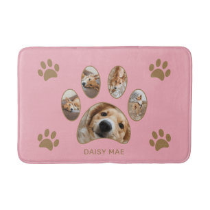 Pet Lovers Pink Gold Paw Print Name Photo Collage Bath Mat