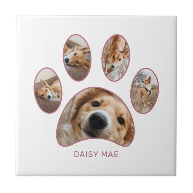 Pet Lovers Rose Gold Paw Print Name Photo Collage Ceramic Tile (Front)
