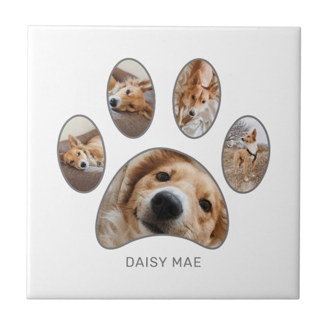 Pet Lovers Silver Paw Print Photo Collage Custom Ceramic Tile (Front)