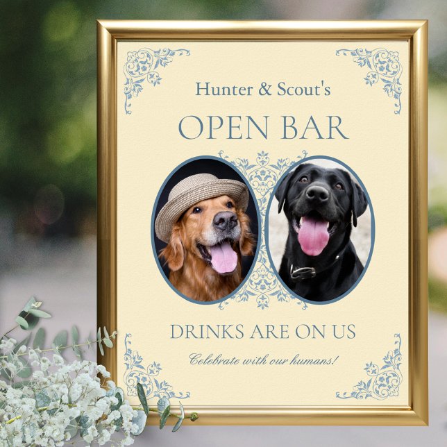 Pet Lovers Yellow Chic Wedding Open Bar Sign (elegant butter yellow wedding open bar sign for pet lovers with 2 photos and vintage border design)