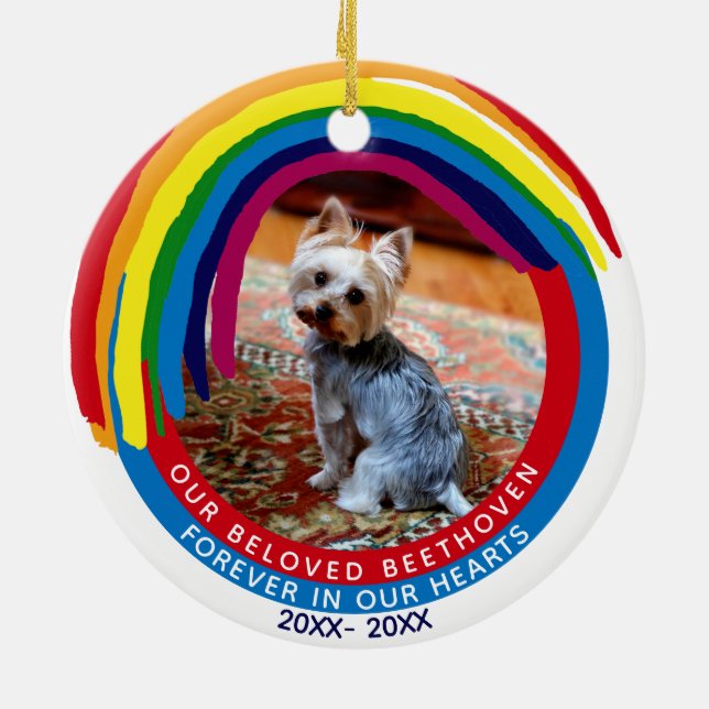 Pet Memorial 2-Sided 2-Photo Rainbow Bridge Ceramic Ornament (Back)