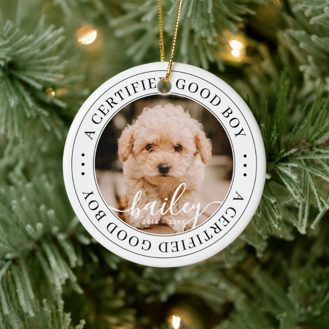 Pet Memorial Certified Good Boy Custom Photo Ceramic Ornament (Tree)