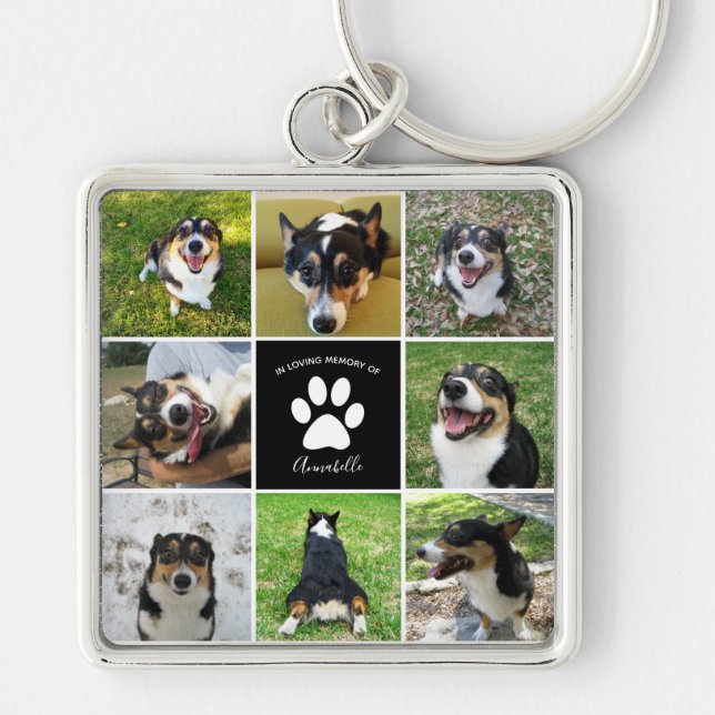 Pet Memorial Custom Dog Photo Collage Paw Print Key Ring (Front)