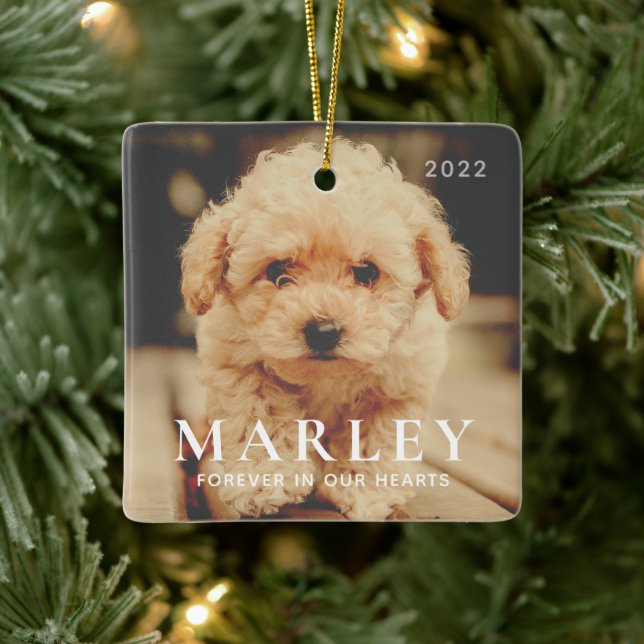 Pet Memorial Forever Hearts Simple Elegant Photo Ceramic Ornament (Tree)