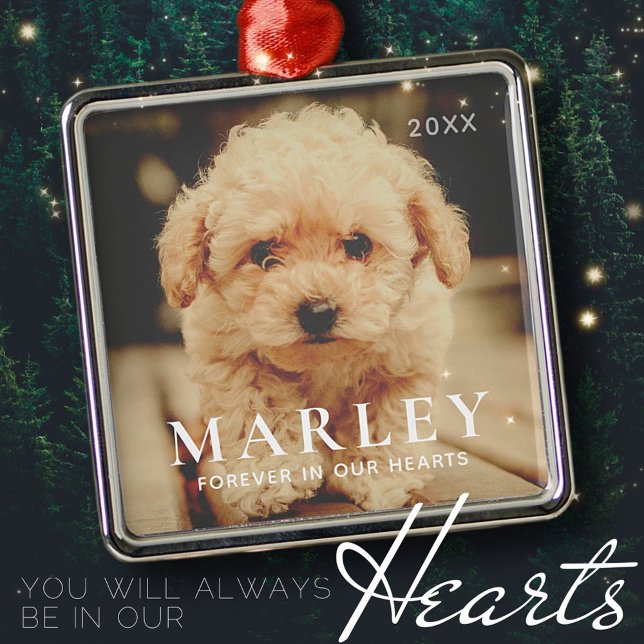 Pet Memorial Forever Hearts Simple Elegant Photo Metal Ornament (Creator Uploaded)