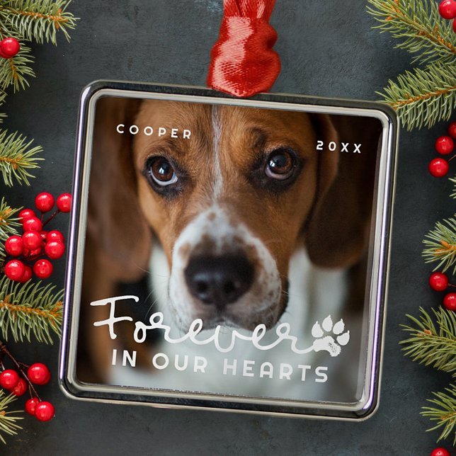 Pet Memorial Forever In Our Hearts Modern Photo Metal Ornament (Creator Uploaded)