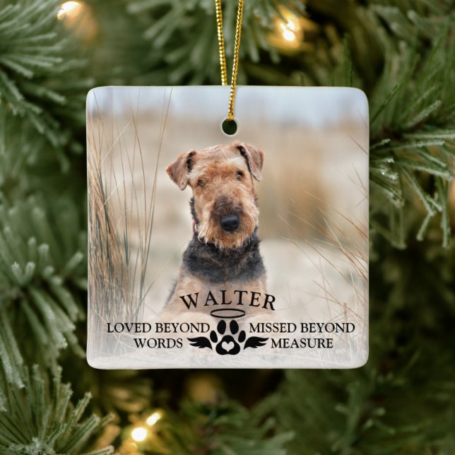 Pet Memorial Loved Beyond Words Keepsake Dog Photo Ceramic Ornament (Tree)