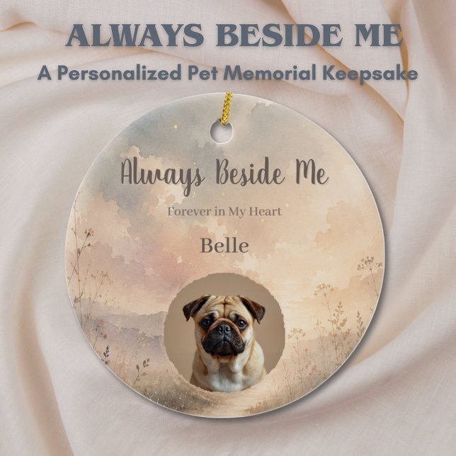 Pet Memorial Ornament – Custom Rainbow Bridge (Personalized pet memorial ornament with custom photo and soft watercolor Rainbow Bridge art.)