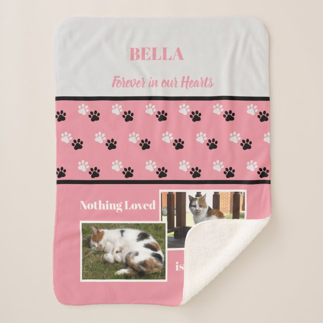 Pet memorial paw print grey pink name and photos sherpa blanket (Front)