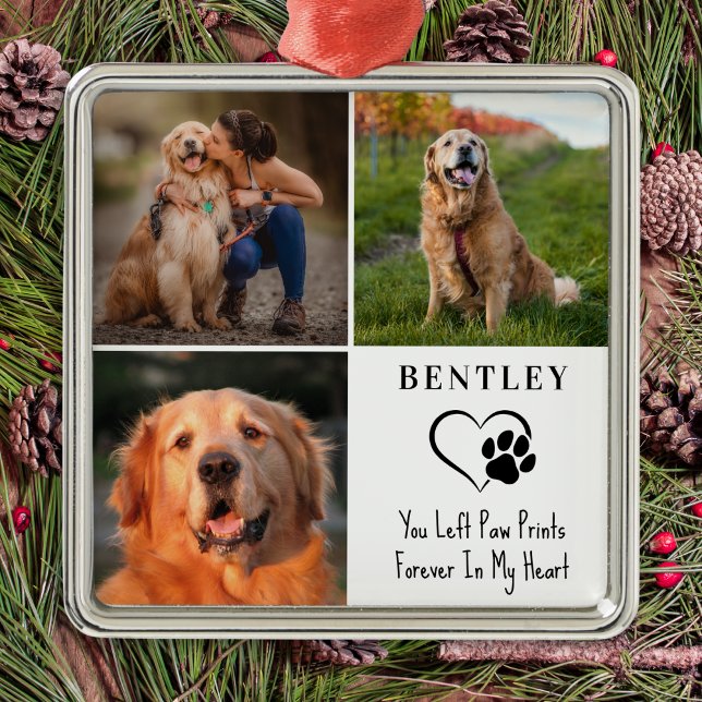 Pet Memorial Personalised 3 Photos Paw Prints Dog Metal Ornament (Creator Uploaded)