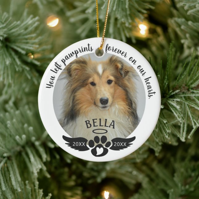 Pet Memorial Photo Pawprint Heart Custom Colours Ceramic Ornament (Tree)