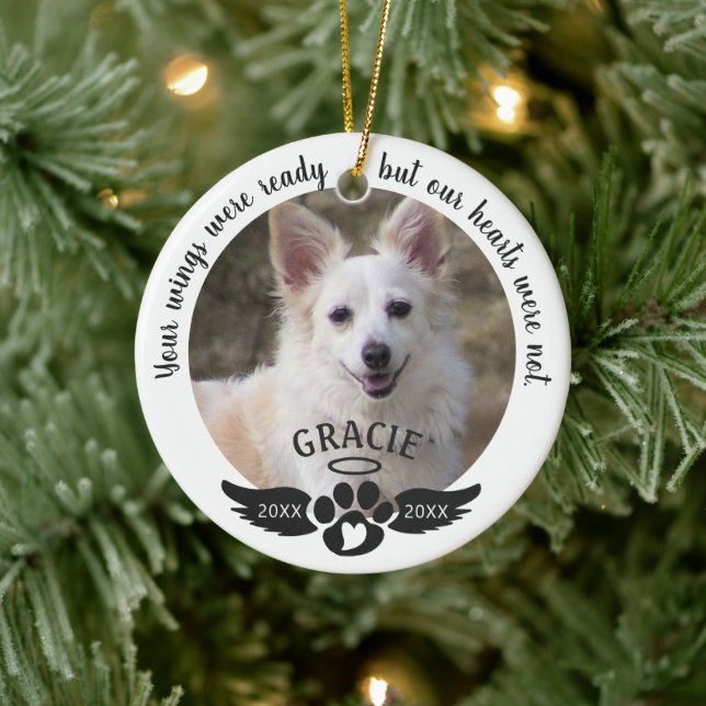 Pet Memorial Photo Pawprint Heart Custom Colours Ceramic Ornament (Tree)