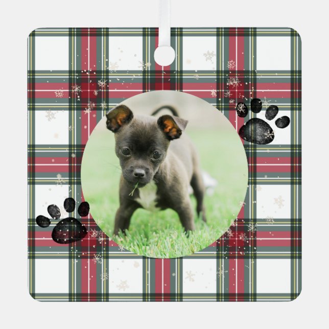 Pet Memorial Photo Red Plaid Personalised Metal Tree Decoration (Front)