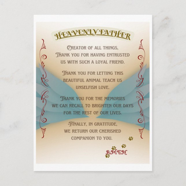 Pet Memorial Prayer, Angel wings and Paws Canvas P Postcard (Front)