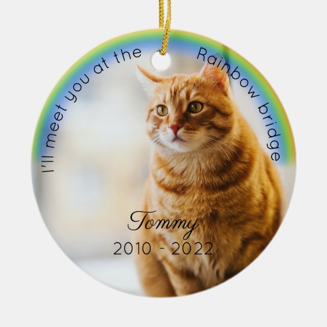 Pet Memorial Rainbow Bridge Christmas Keepsake Cat Ceramic Ornament (Front)