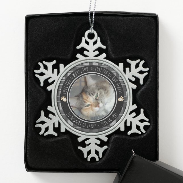 Pet Memorial Remebrance One Photo Snowflake Pewter Christmas Ornament (Box)
