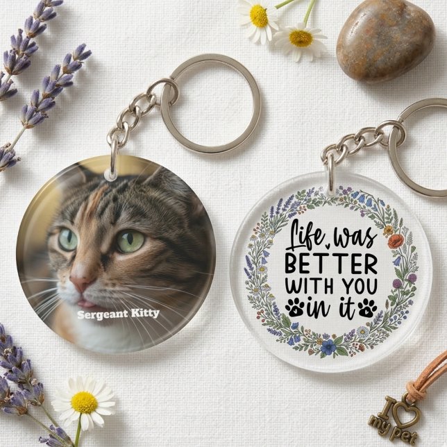 Pet Memorial Wildflower Wreath Remembrance Key Ring (Cat memorial floral keychain)