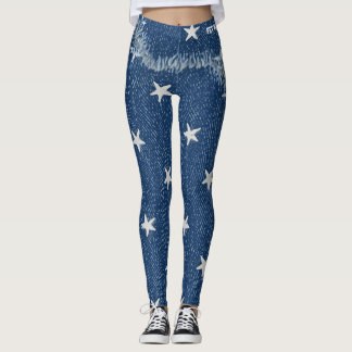 Pet Mom Faux Denim Patchy Jagged Stars Blue Jeans Leggings