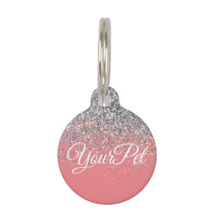 Pet Name & Address Tag Glitter Look Silver Pink