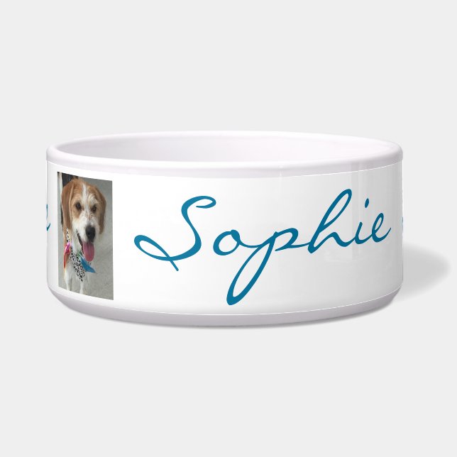 Pet Name & Photo, Blue Script on White (Front)