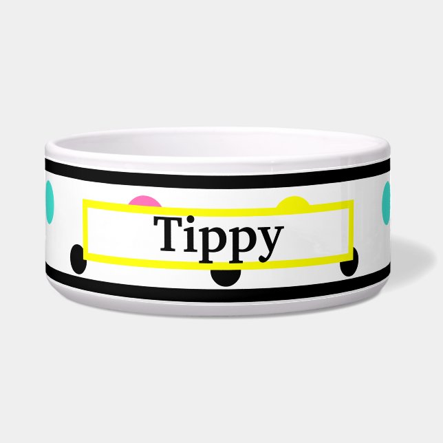Pet Name Yellow Blue Polka Dots Bowl (Front)