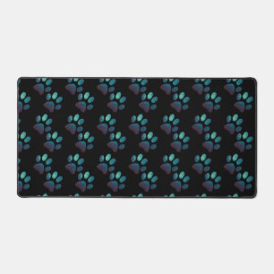 Pet paw dark blue glitter on black background desk mat
