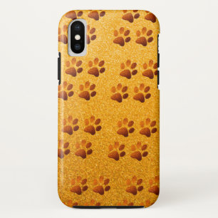 Pet paw gold glitter print on gold background iPhone XS case