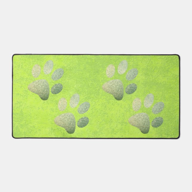Pet paw green glitter print on abstract green desk mat (Front)