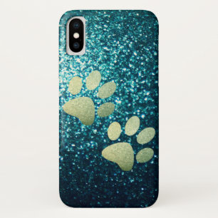 Pet paw green glitter print on turquoise glitter iPhone x case