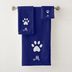 Pet Paw & Monogram on Navy Blue Bath Towel Set