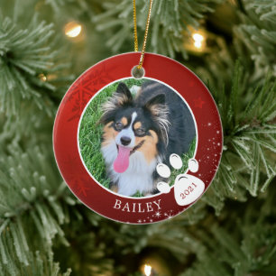 Pet Paw Print Christmas Red Snowflake Stars Photo Ceramic Ornament