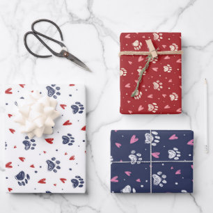 Pet Paw Print Heart Pattern Cute Valentine's Day Wrapping Paper Sheet