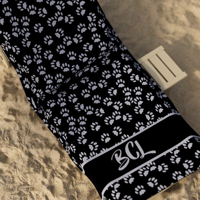Pet Paw Print Pattern Cat Lover Black Beach Towel (Purrfect pet paw print beach towel for the cat lover in your life. Just add their initials)