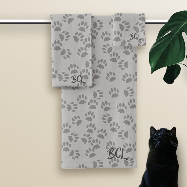Pet Paw Print Pattern Monogram Grey Bath Towel Set (Creator Uploaded)