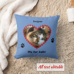 Pet paw prints memorial your photo blue pillow