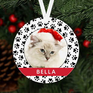 Pet Paw Prints Red Personalised Cat Name Photo Ornament