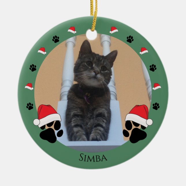 Pet Paw Prints Santa Hat Colourful Personalised Ceramic Ornament (Front)