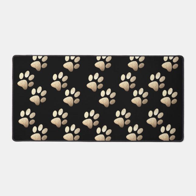 Pet paw silver glitter print on black background desk mat (Front)