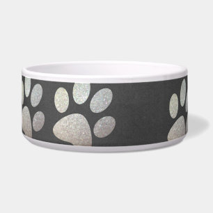 Pet paw silver glitter print on grey background