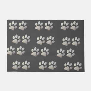Pet paw silver glitter print on grey background doormat