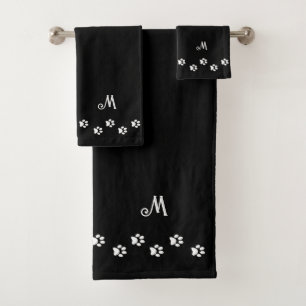 Pet Paws & Monogram on Black Bath Towel Set