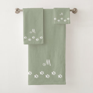 Pet Paws & Monogram on Sage Green Bath Towel Set