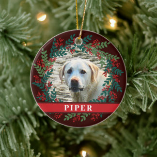 Pet Personalised Brown Photo Christmas Wreath Ceramic Ornament