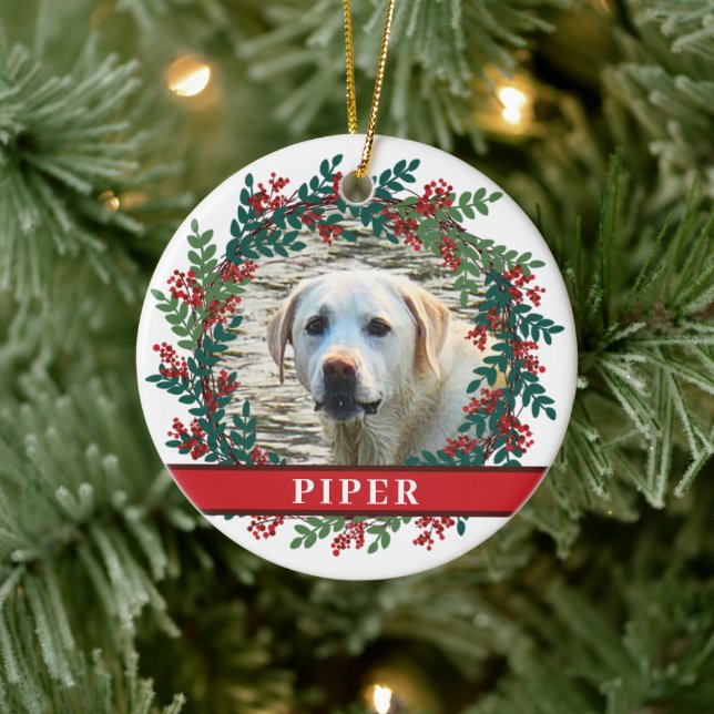 Pet Personalised Photo Christmas Wreath Ceramic Ornament (Tree)