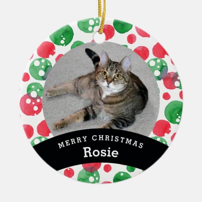 Pet Personalised Red Green Watercolor Dots Ceramic Ornament (Front)