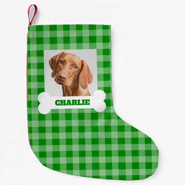 Pet Photo and Dog Bone with Name on Green Plaid Small Christmas Stocking (Front)