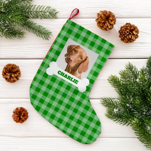 Pet Photo and Dog Bone with Name on Green Plaid Small Christmas Stocking