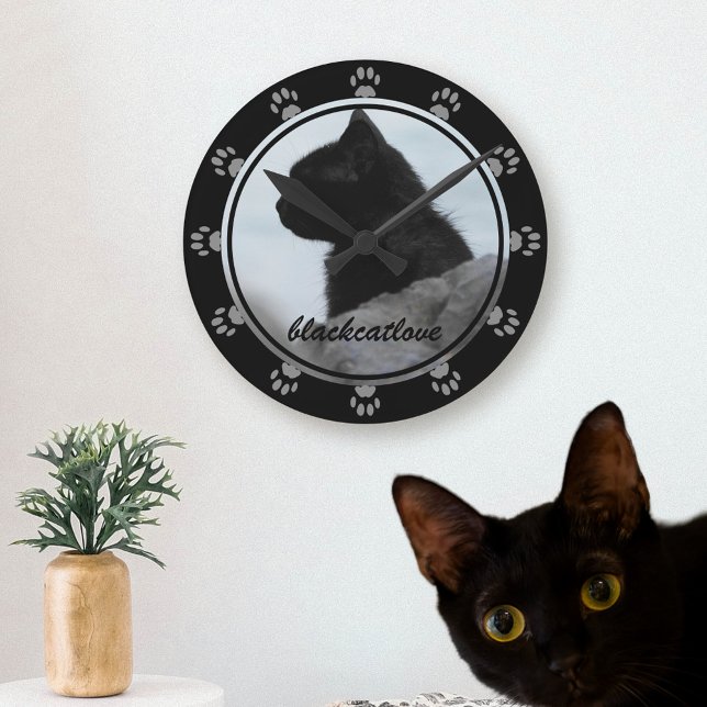 Pet Photo Black Cat Name Paw Print Wall Clock (Let your black cat silently judge you as you check what time it is.)