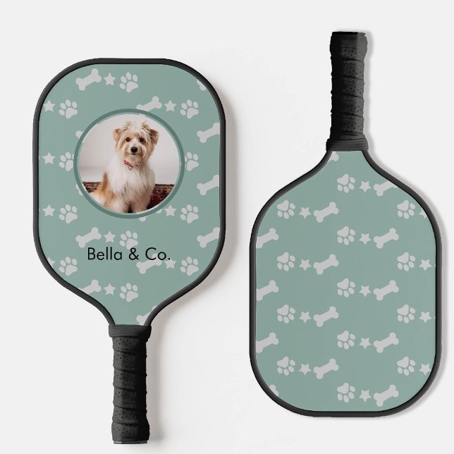 Pet Photo Bone Paw Pattern Sage Green Personalised Pickleball Paddle (pickleball gift for her dog mom pet photo bone star paw print sage green personalized name)
