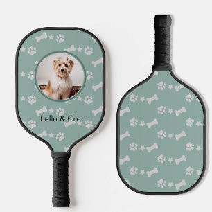 Pet Photo Bone Paw Pattern Sage Green Personalized Pickleball Paddle